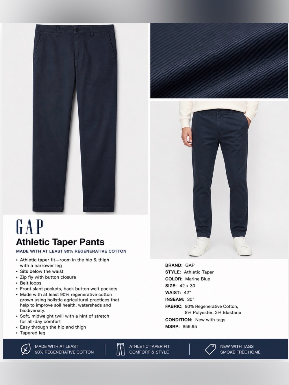 GAP Athletic Taper Pants Brown 42x30 NWT Stretch Blue Navy Big & Tall Plus
